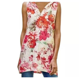 Soft Surroundings Garden Party Floral Linen Hooded Sleeveless Tunic Blouse S